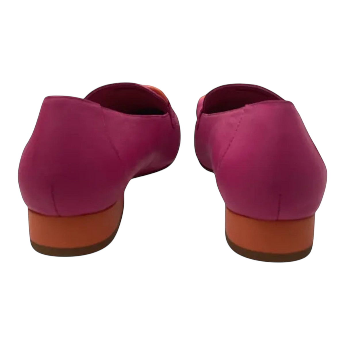 The Shoe Shop Belle Scarpe Roam leather slip-on loafers in pink with a contrasting orange block heel, back view.