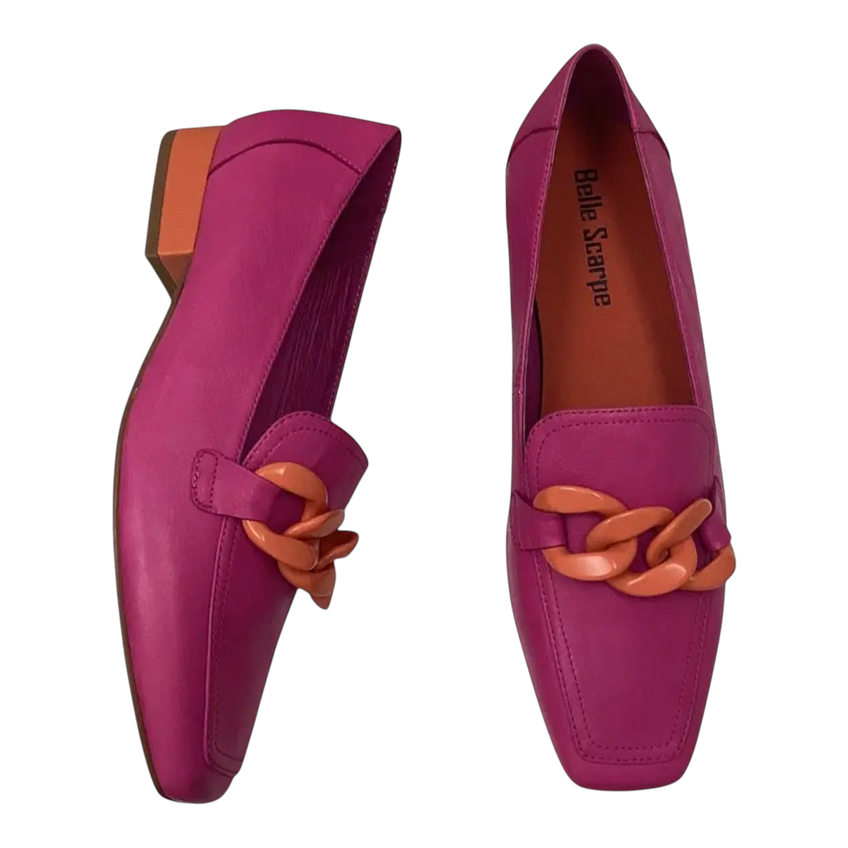 The Shoe Shop Belle Scarpe Roam pink leather loafers with orange chain detail and contrast block heel