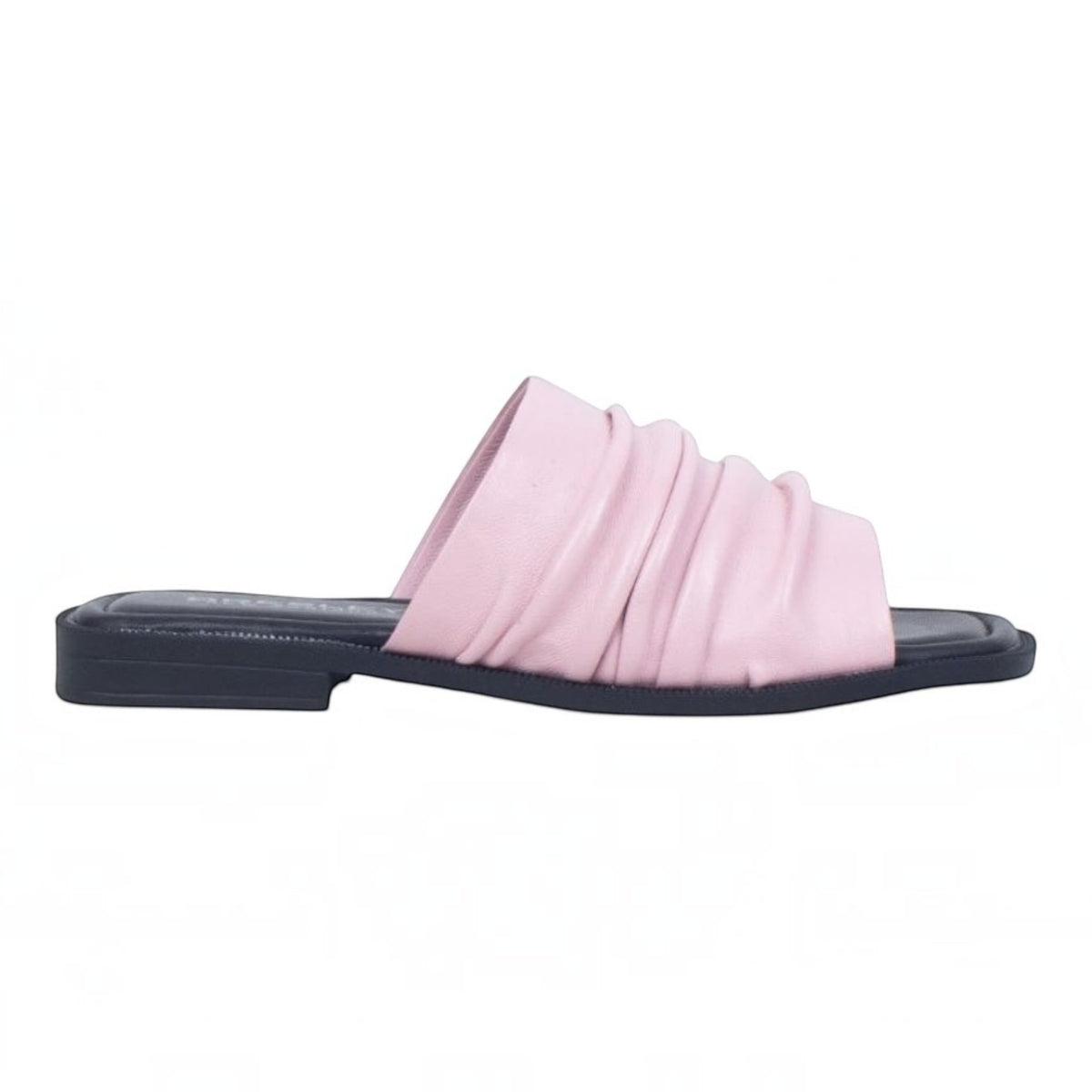The Shoe Shop Slim pink leather slide sandals with a ruched upper and comfortable flat black sole