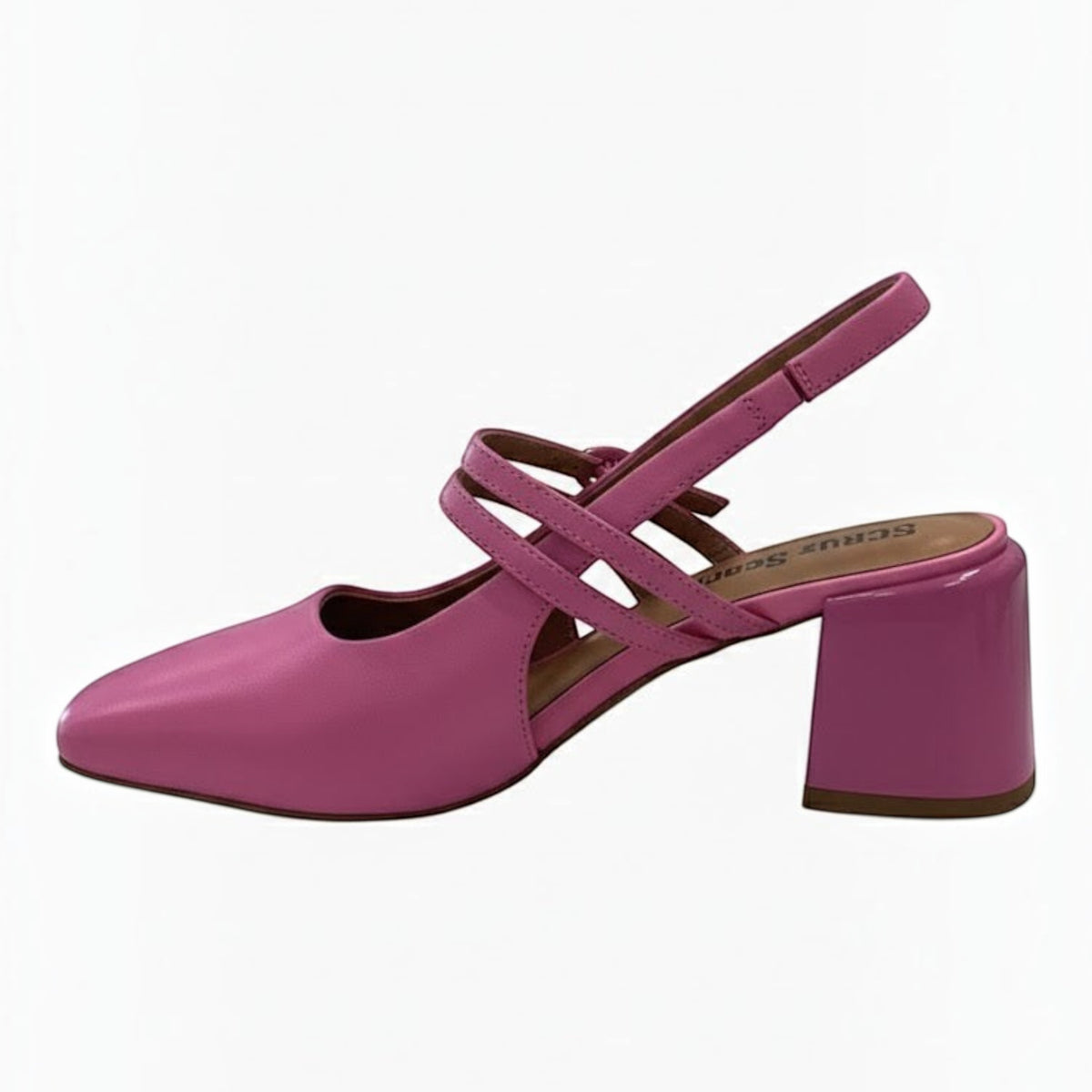 The Shoe Shop Ramiss pink leather slingback heels with double strap fastening and a 6cm patent square block heel.