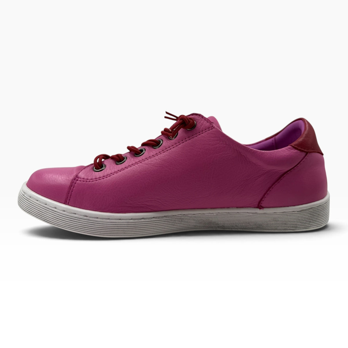 The Shoe Shop Rilassare Temi pink soft leather sneaker with elastic laces and a durable white sole