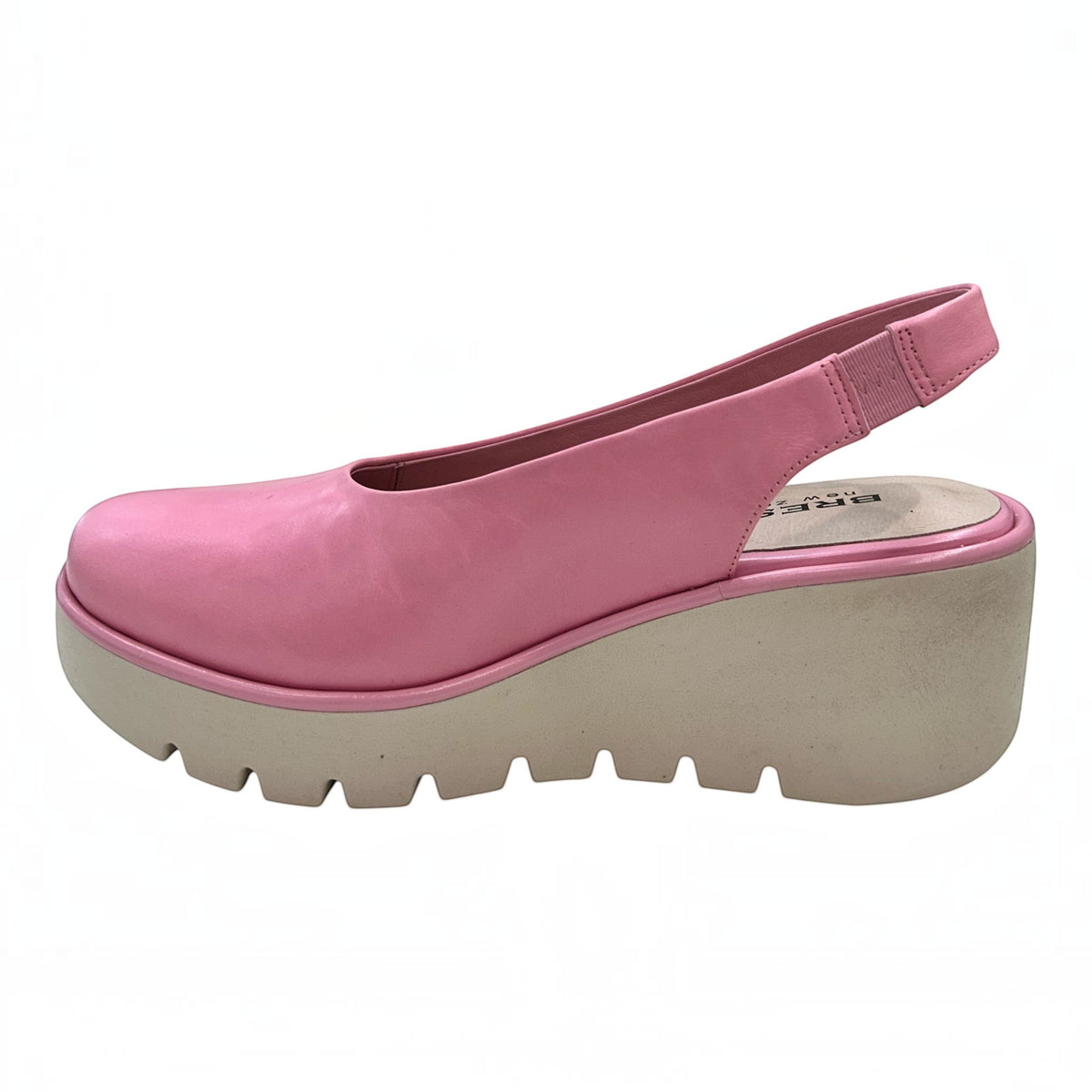 The Shoe Shop Party wedge slingback in pink leather with a thick beige rubber platform sole, side view.