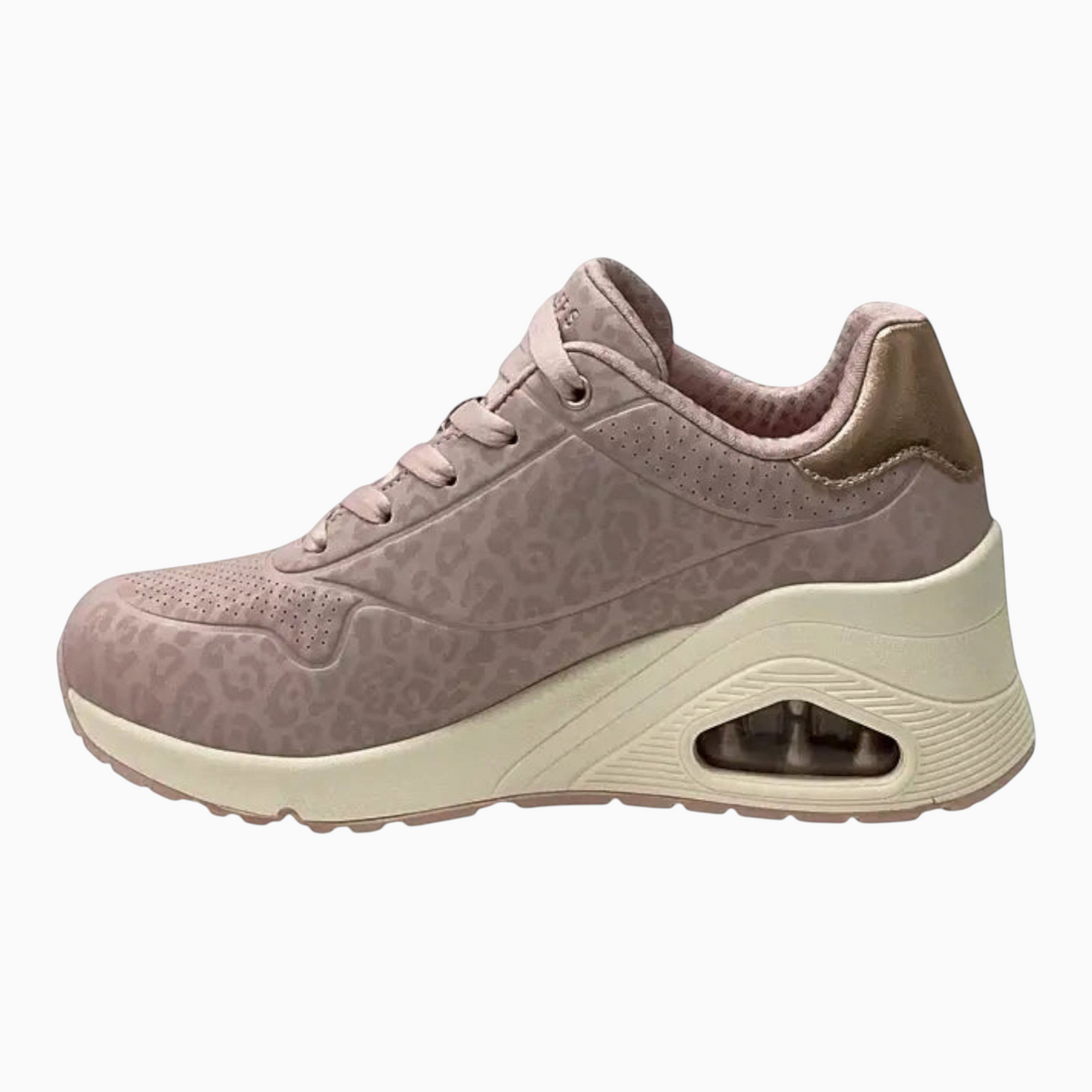 The Shoe Shop Skechers Uno Wedge Safari Daze sneaker in pink leopard print durabuck with metallic heel trim.