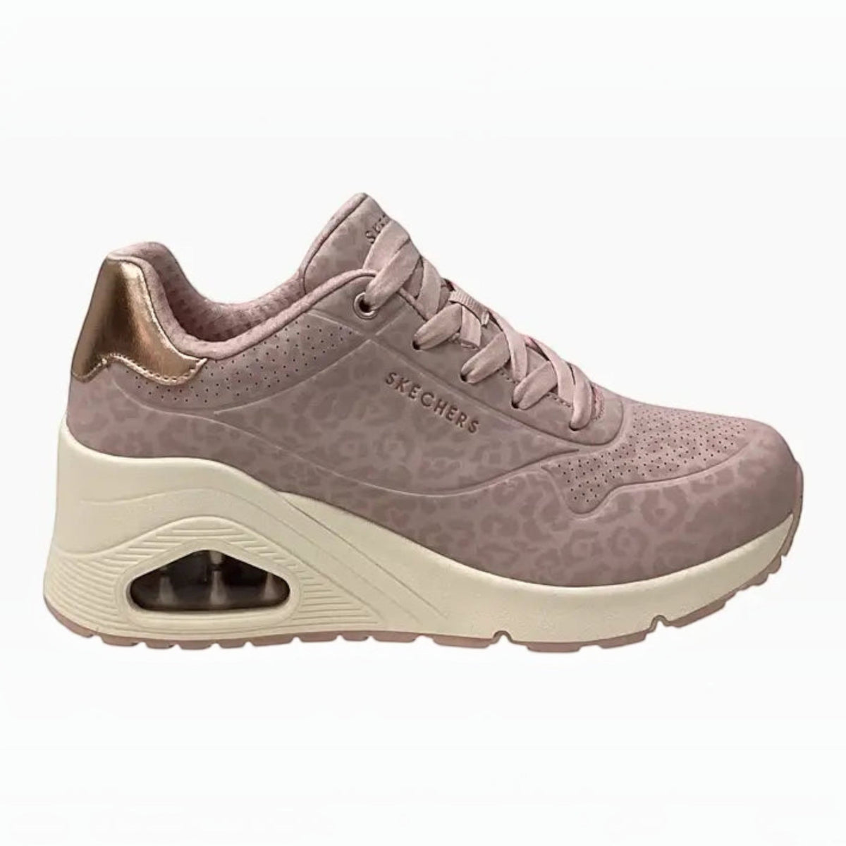 The Shoe Shop Skechers Uno Wedge Safari Daze sneaker in pink leopard print durabuck with metallic heel trim.