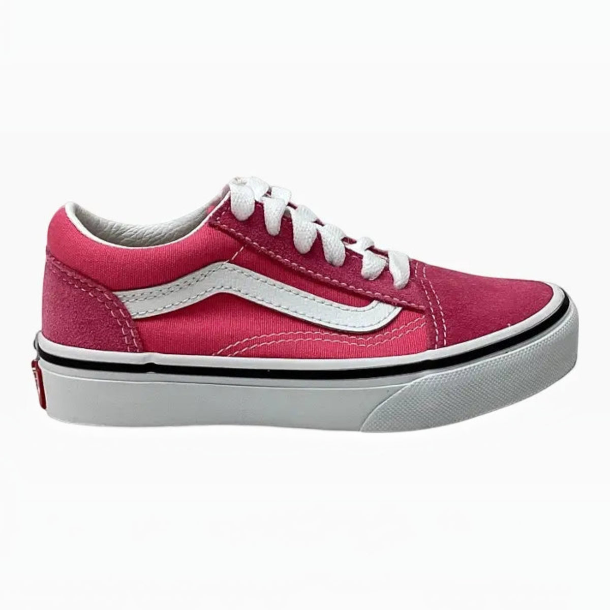 The Shoe Shop Old Skool Color Theory low-top sneaker in vibrant pink suede and canvas with white sidestripe detail.