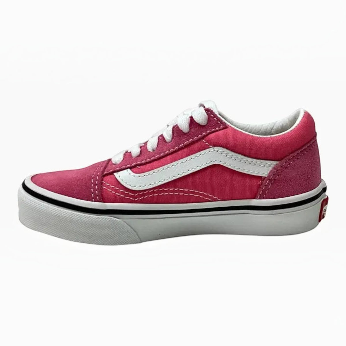 The Shoe Shop Old Skool Color Theory low-top sneaker in vibrant pink suede and canvas with white sidestripe detail.