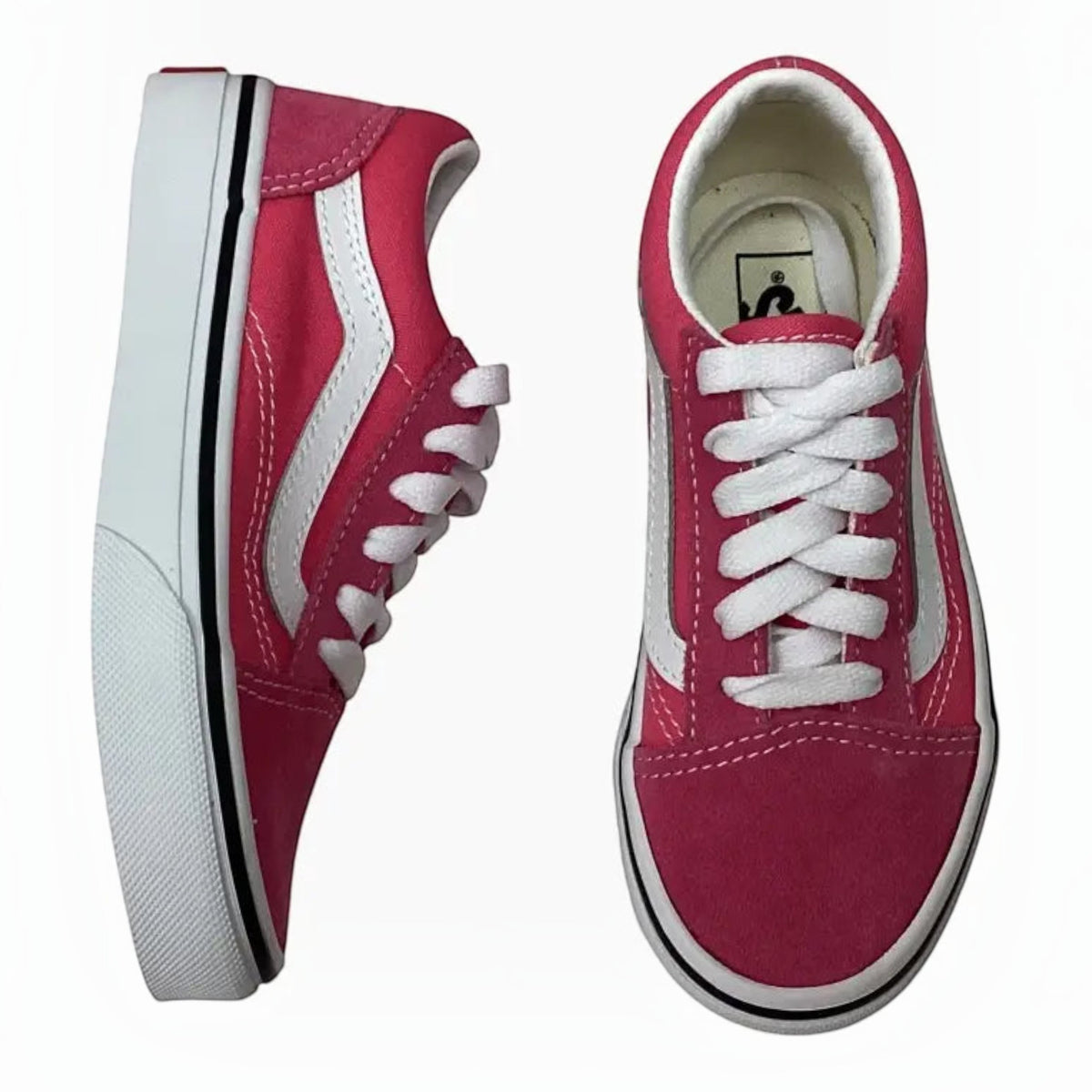 The Shoe Shop Old Skool Color Theory low-top sneakers in vibrant pink suede and canvas with white sidestripe detail.