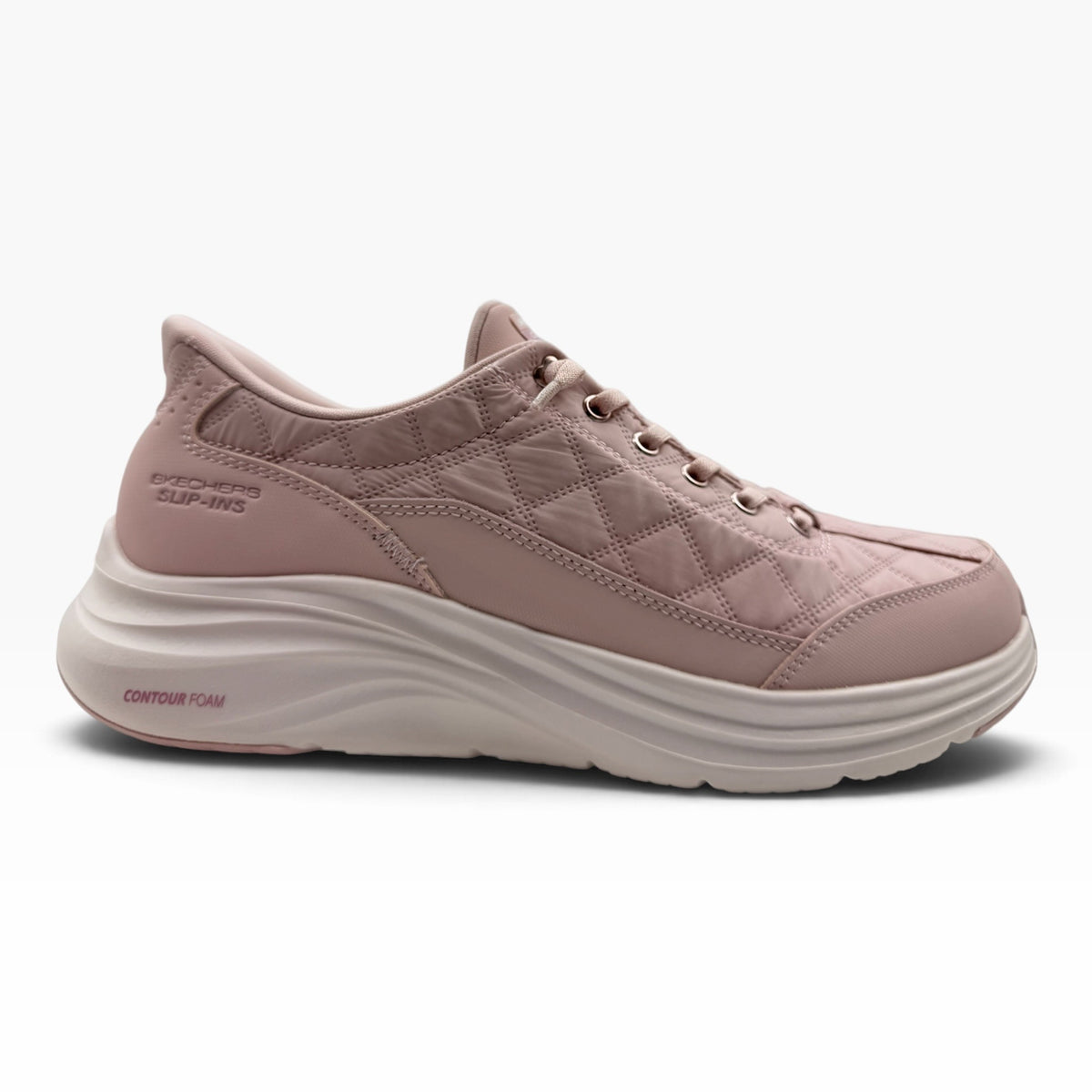 The Shoe Shop pink quilted slip-on sneaker with Contour Foam cushioning and secure heel pillow design.