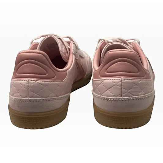 The Shoe Shop Skechers Hotshot pink quilted sneakers with suede overlays and a gum rubber sole, rear view.