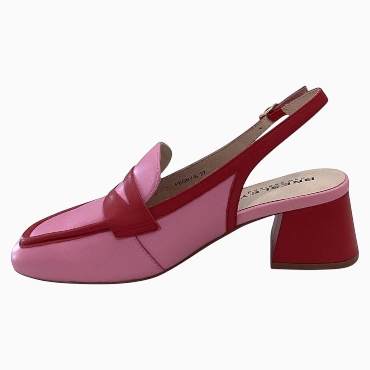 The Shoe Shop Peony slingback loafer in pink and red leather with a 5.5cm block heel and adjustable buckle strap.
