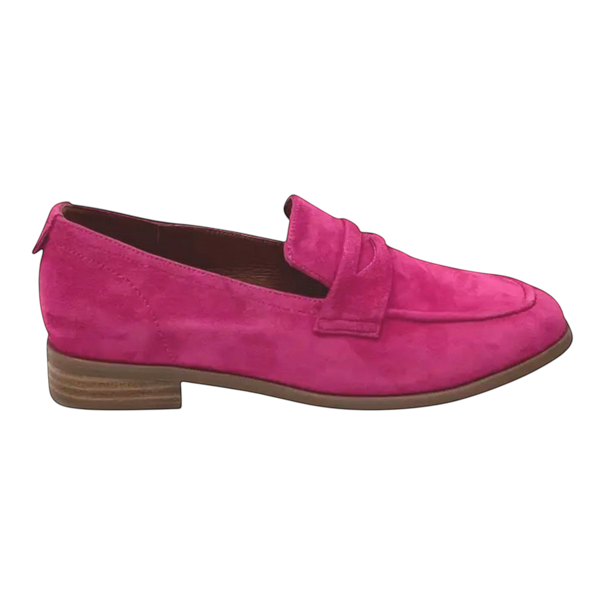 The Shoe Shop Rika loafer in vibrant pink suede with a low stacked heel and classic stitched detailing.