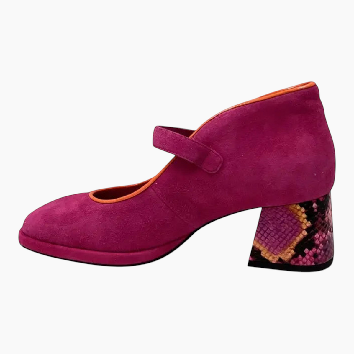 The Shoe Shop Podium Mary Jane heel in vibrant pink suede with an orange trim and a patterned snakeskin block heel.