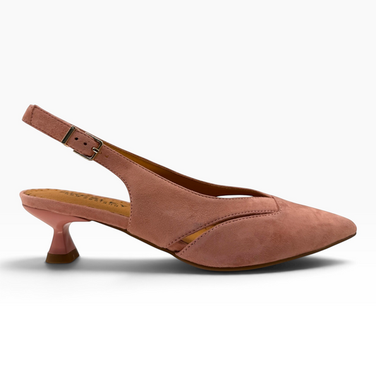 The Shoe Shop Spring dusty pink suede slingback kitten heel with a pointed toe and adjustable buckle strap