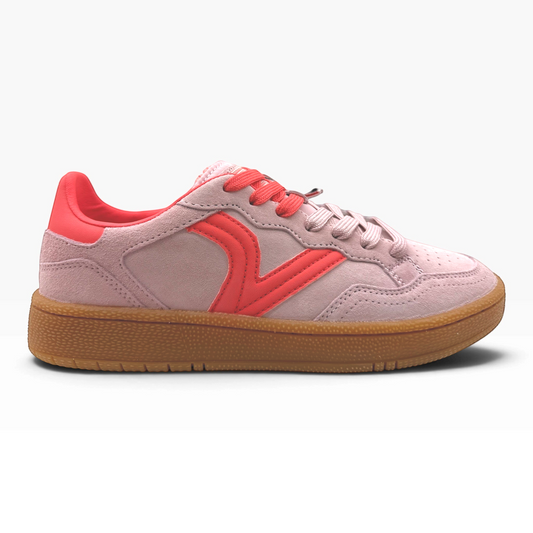 The Shoe Shop Smash Sneaker in pink suede with red accents, perforated toe, and a classic gum rubber sole.