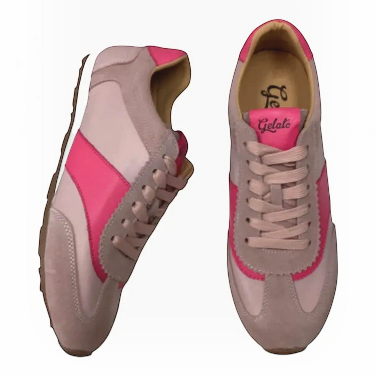 The Shoe Shop Gelato Gimpo retro-inspired pink suede and leather sneakers with lace-up fastening and rubber sole.