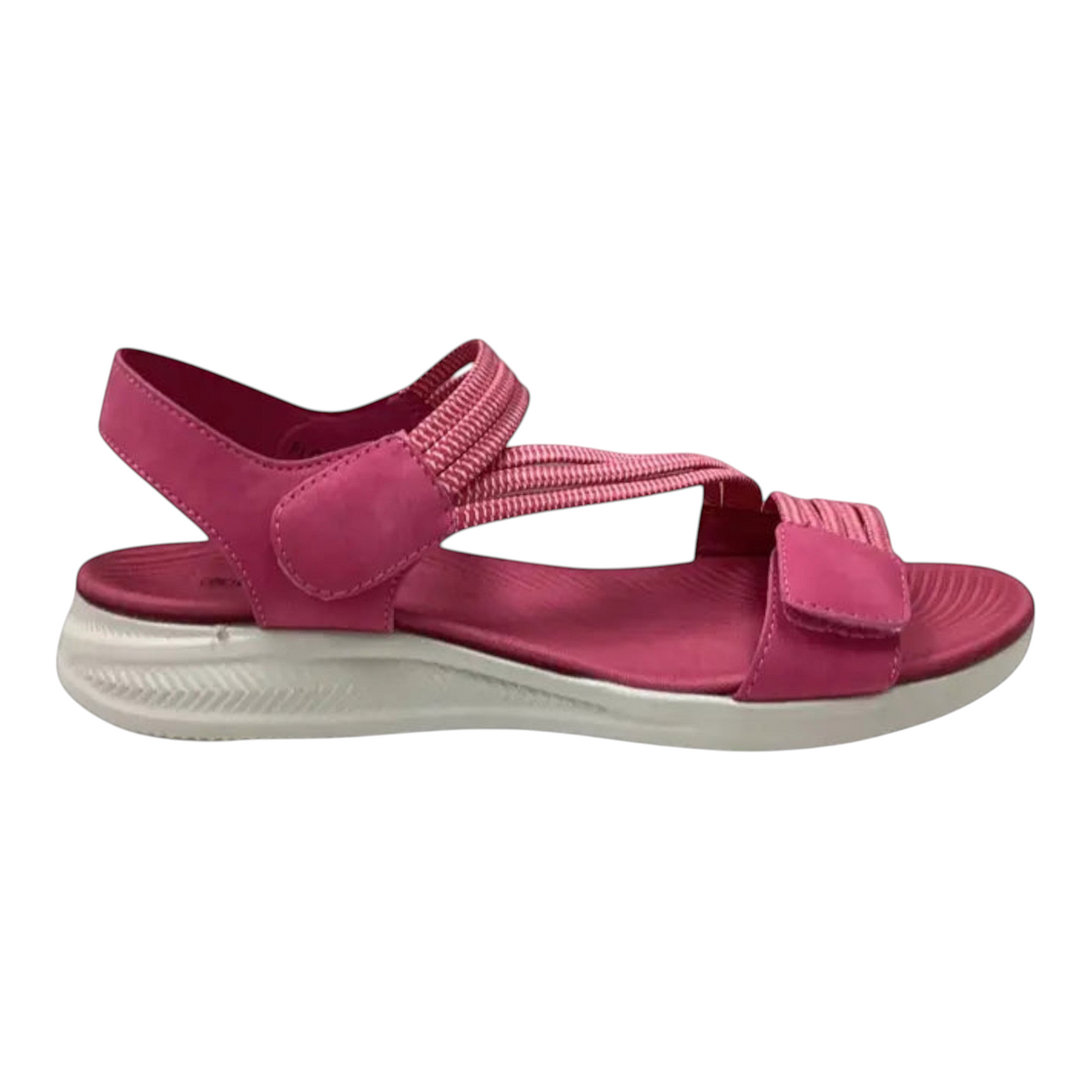 The Shoe Shop CC Resorts Florrie pink textile sandals with velcro straps and a white cushioned anti-skid sole.