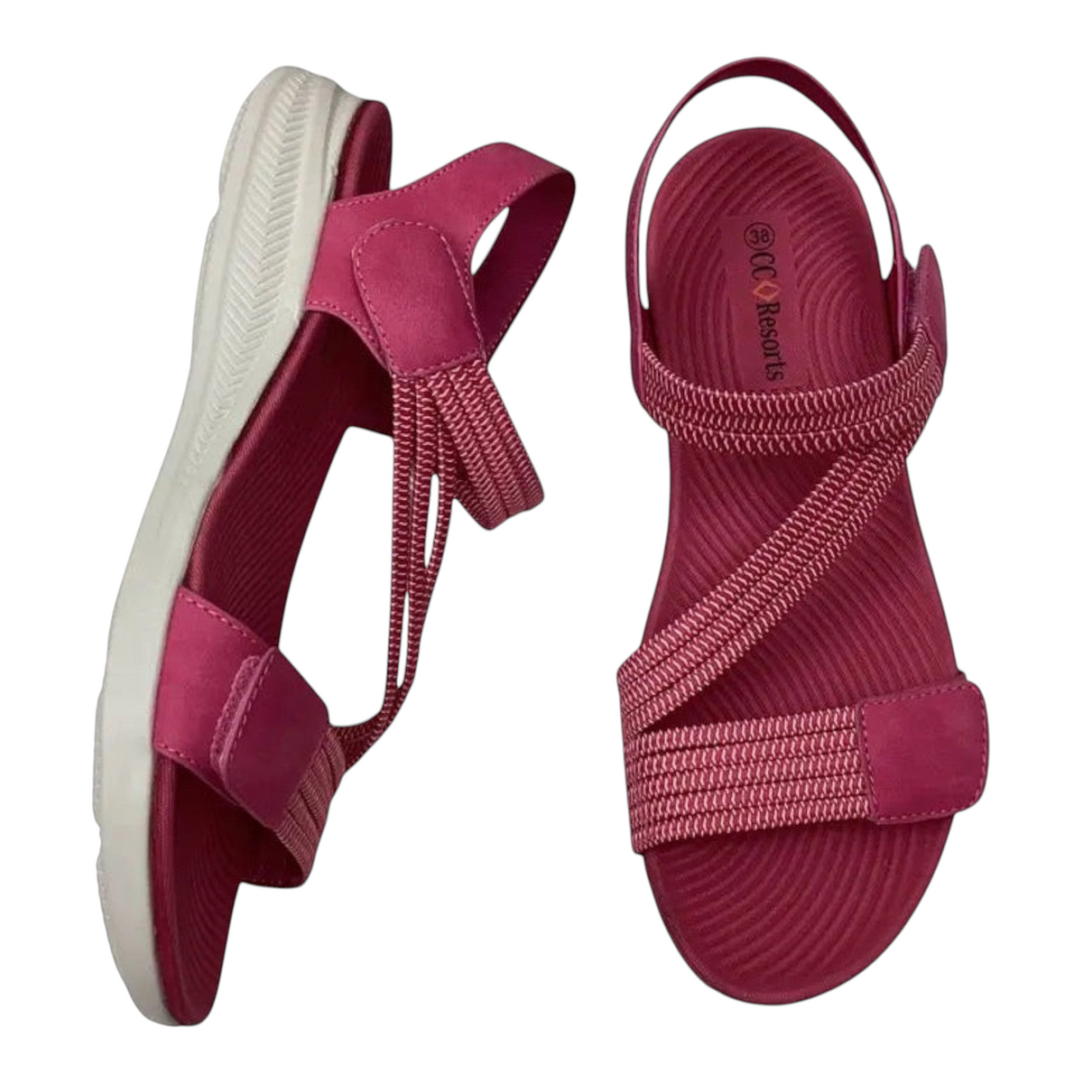 The Shoe Shop CC Resorts Florrie pink textile sandals with velcro closure and cushioned footbed