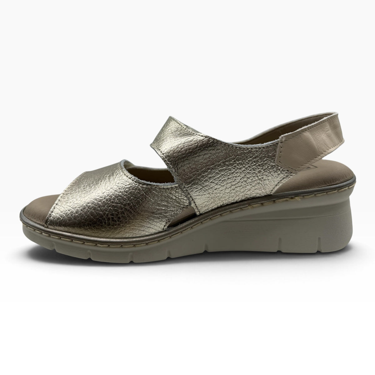 The Shoe Shop 11010 Pitillos metallic gold leather wedge sandal with a comfortable cushioned sole