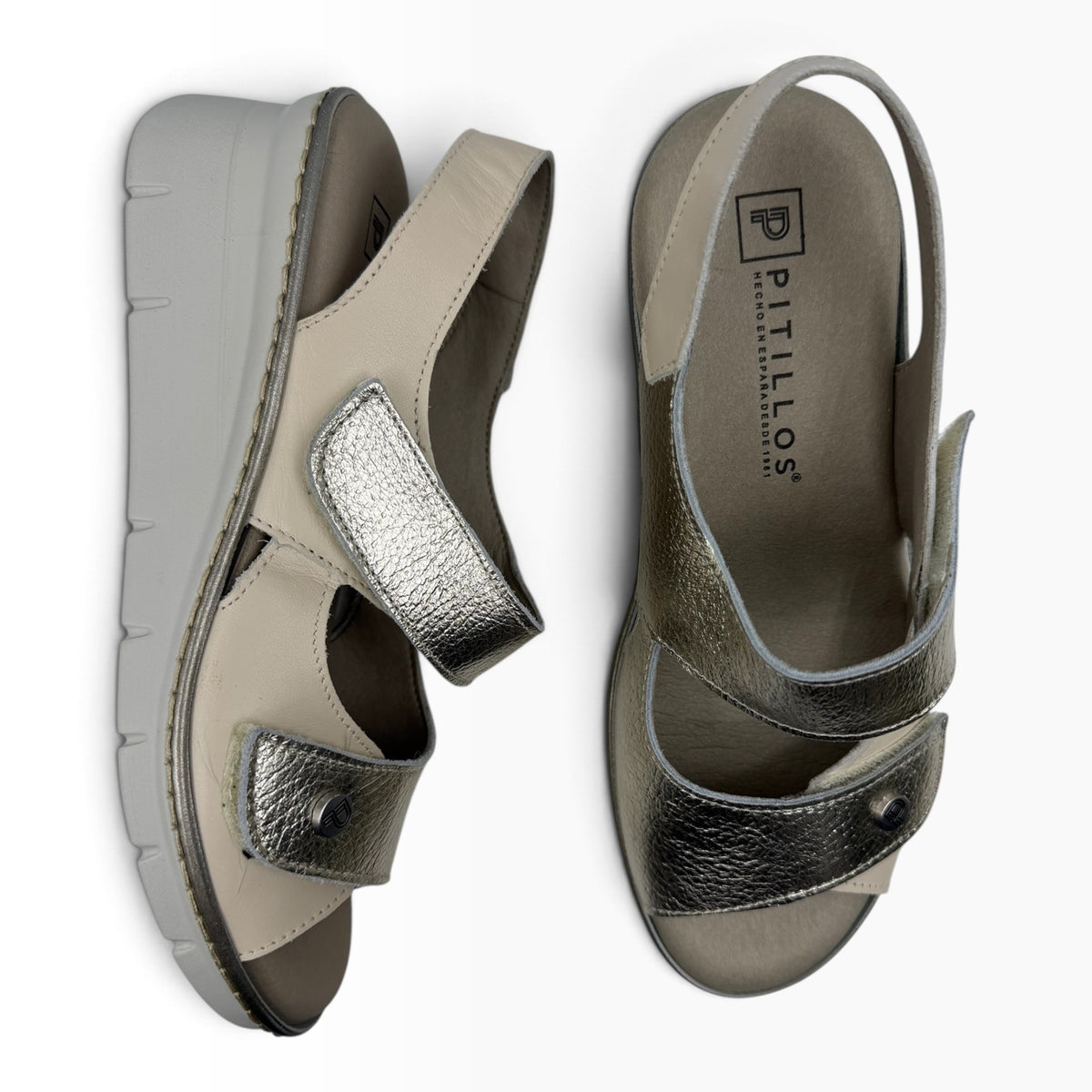 The Shoe Shop Pitillos 11010 wedge sandals in metallic gold and beige leather with adjustable velcro straps