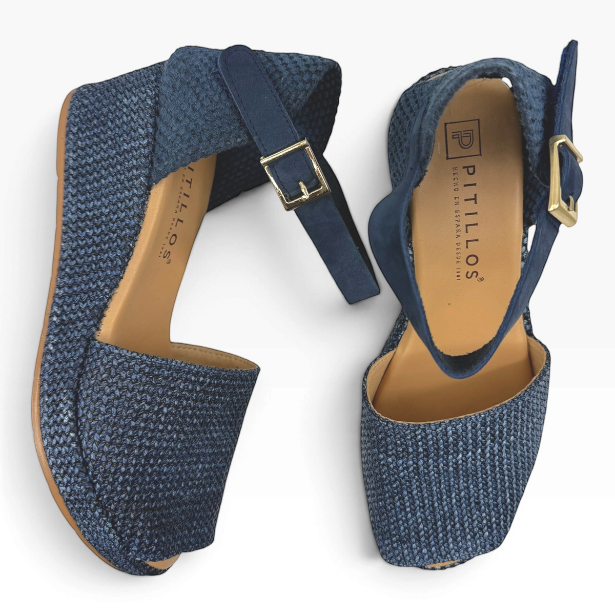 The Shoe Shop Pitillos navy blue woven wedge sandals with ankle strap and gold buckle closure