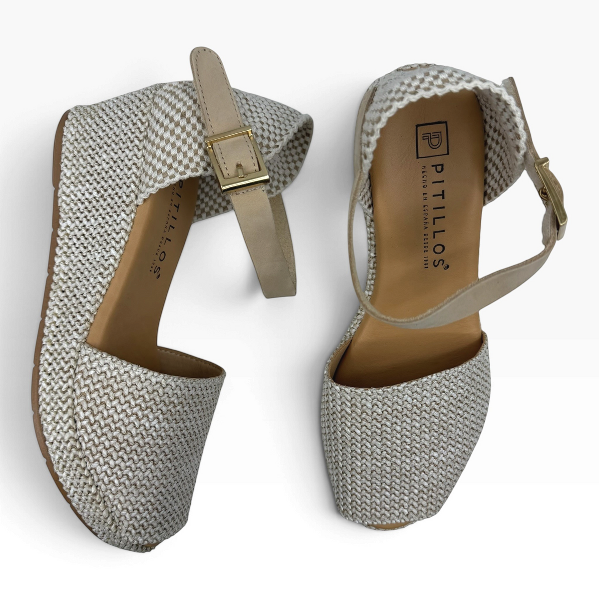 The Shoe Shop 11260 Pitillos wedge sandals in beige woven fabric with an adjustable ankle strap and gold buckle