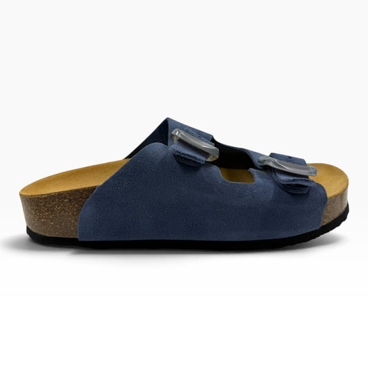 The Shoe Shop Plakton blue suede slide sandal with a natural cork footbed and a 3cm platform sole, side view.