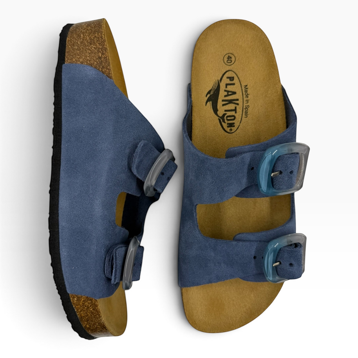 The Shoe Shop Plakton blue suede double-strap slide sandals with anatomical cork footbeds and platform soles.
