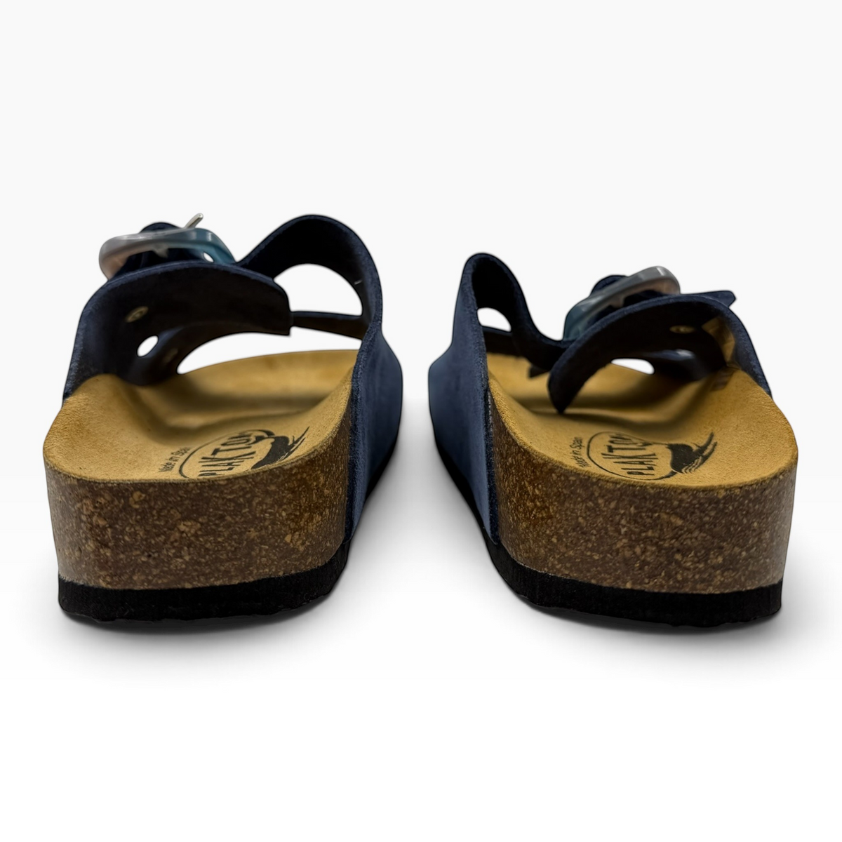 The Shoe Shop Plakton navy leather slide sandals with anatomical cork footbeds and 3cm platform soles, rear view.