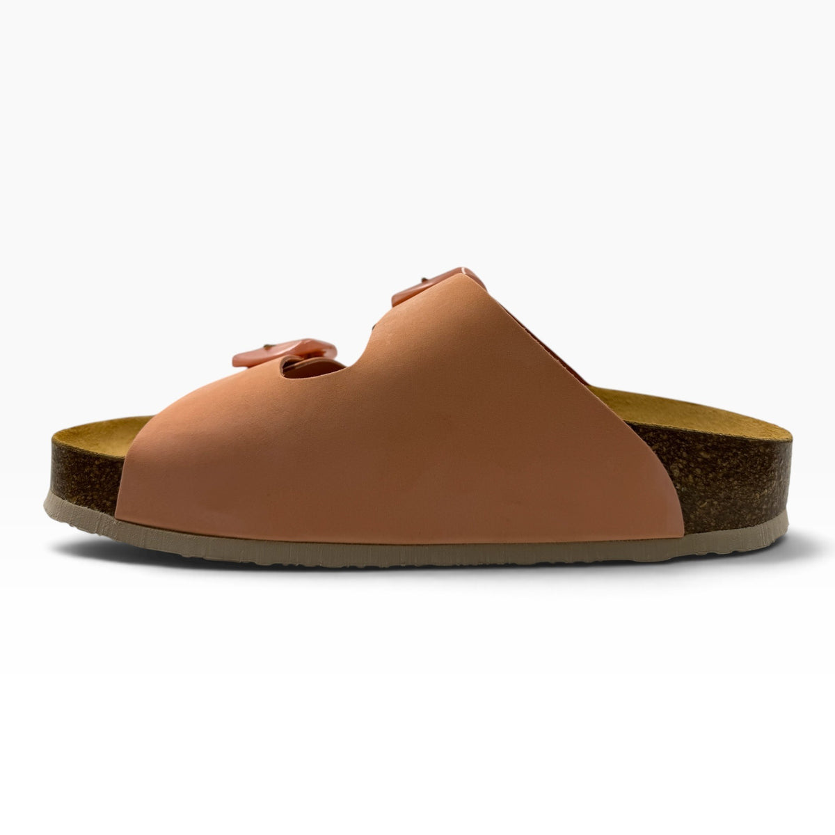 The Shoe Shop Plakton slide sandal in peach leather with an anatomical cork footbed and 3cm platform sole.