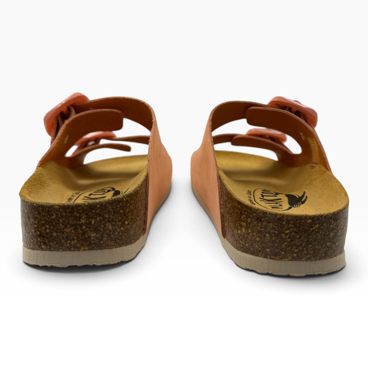 The Shoe Shop Plakton slide sandals in tan leather with an anatomical cork footbed and 3cm platform sole, rear view.
