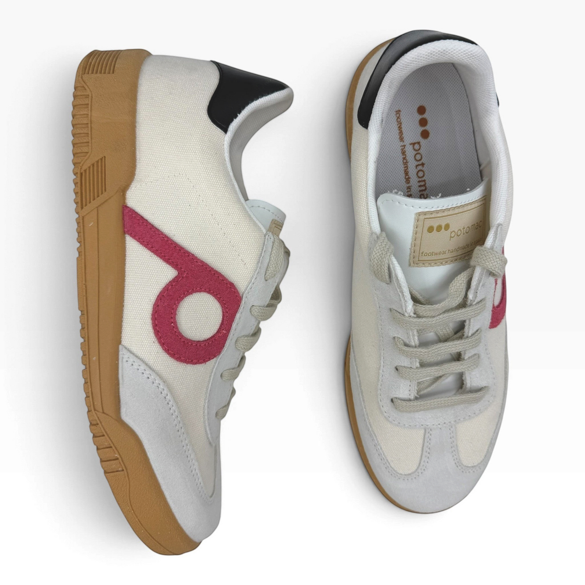 The Shoe Shop P35015 Pluma Flex sneakers in natural canvas with coral accents, suede overlays, and gum rubber soles.