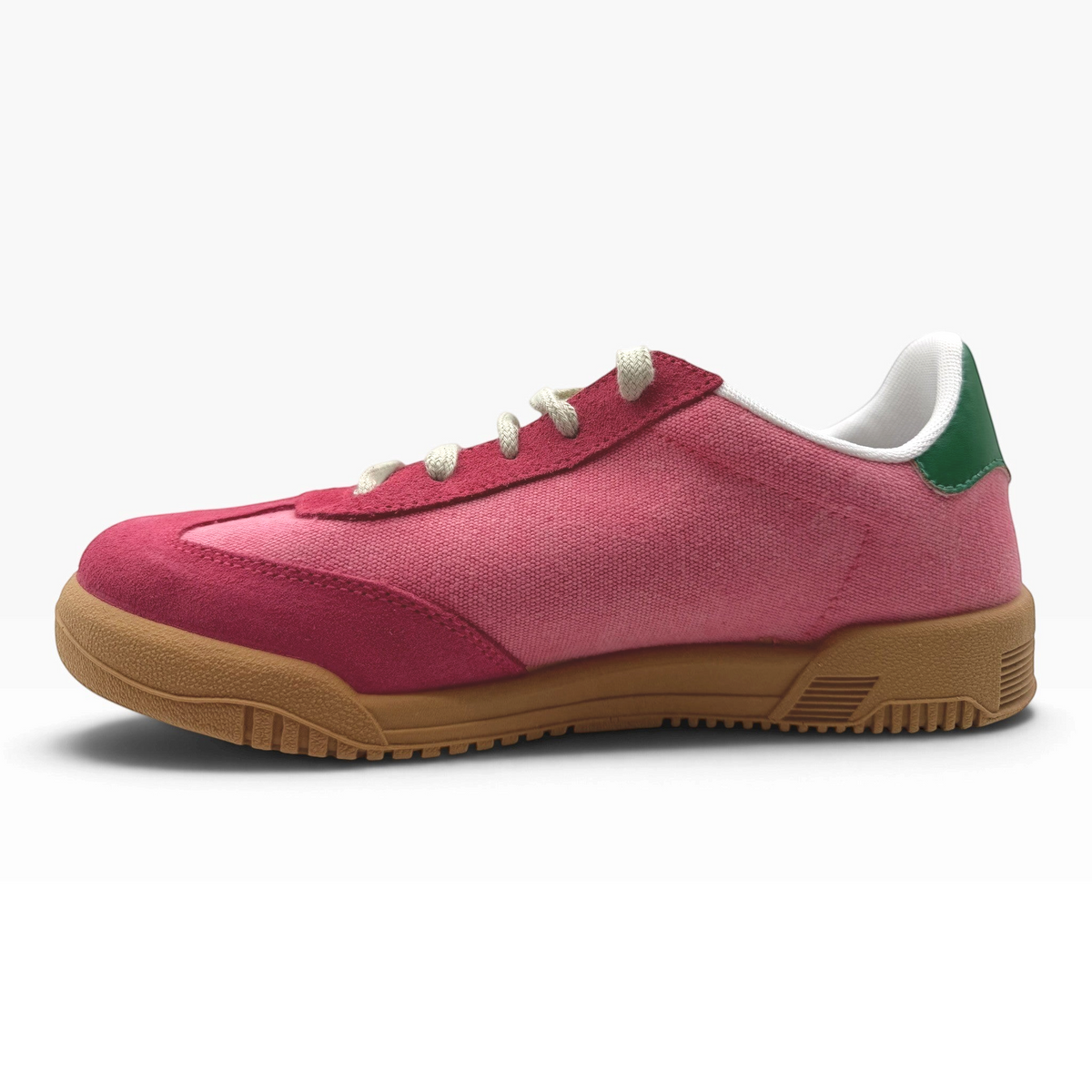 The Shoe Shop P35015 Pluma Flex coral canvas sneaker with suede accents, green heel tab, and gum rubber sole.