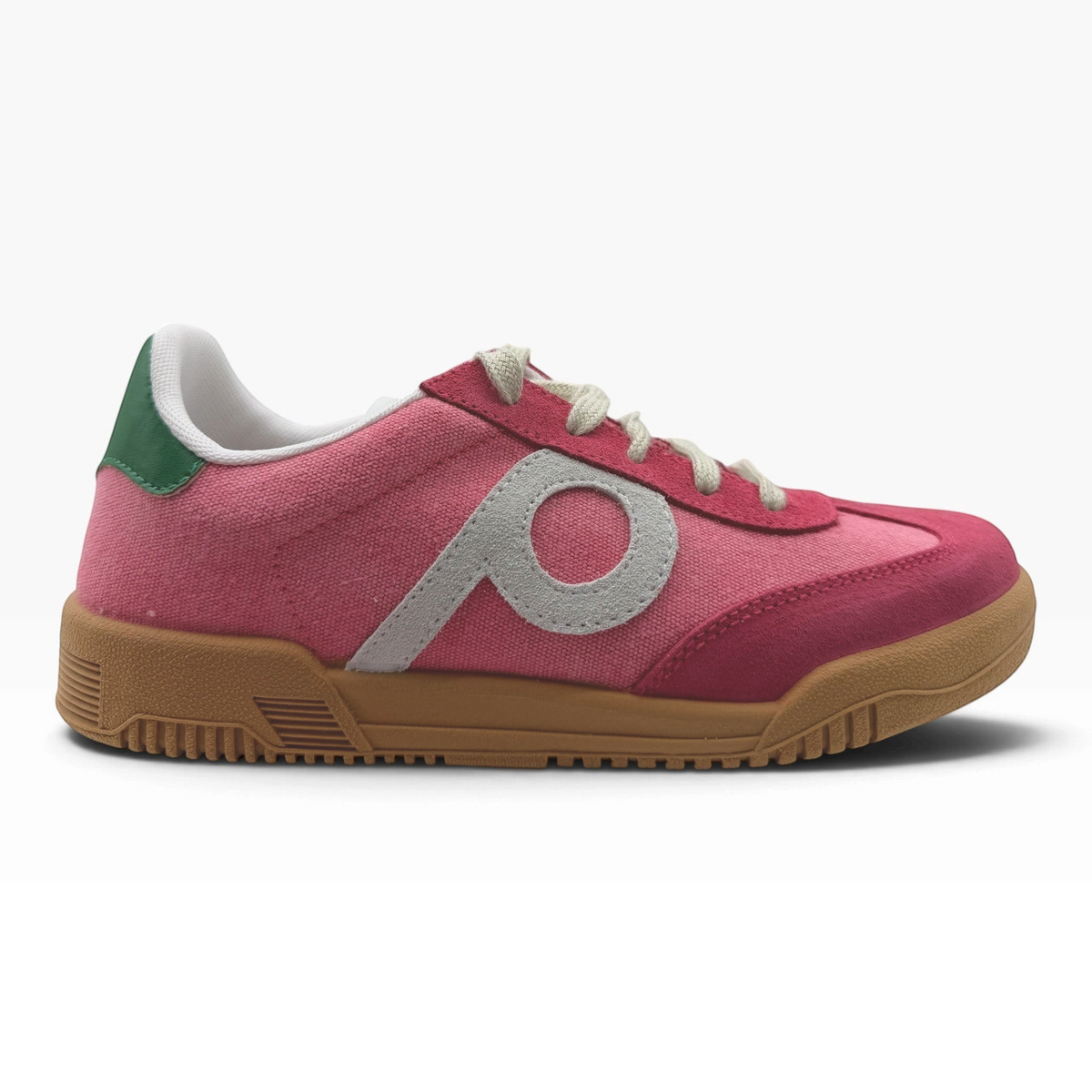 The Shoe Shop P35015 Pluma Flex coral canvas sneaker with suede details, grey logo, and gum rubber sole