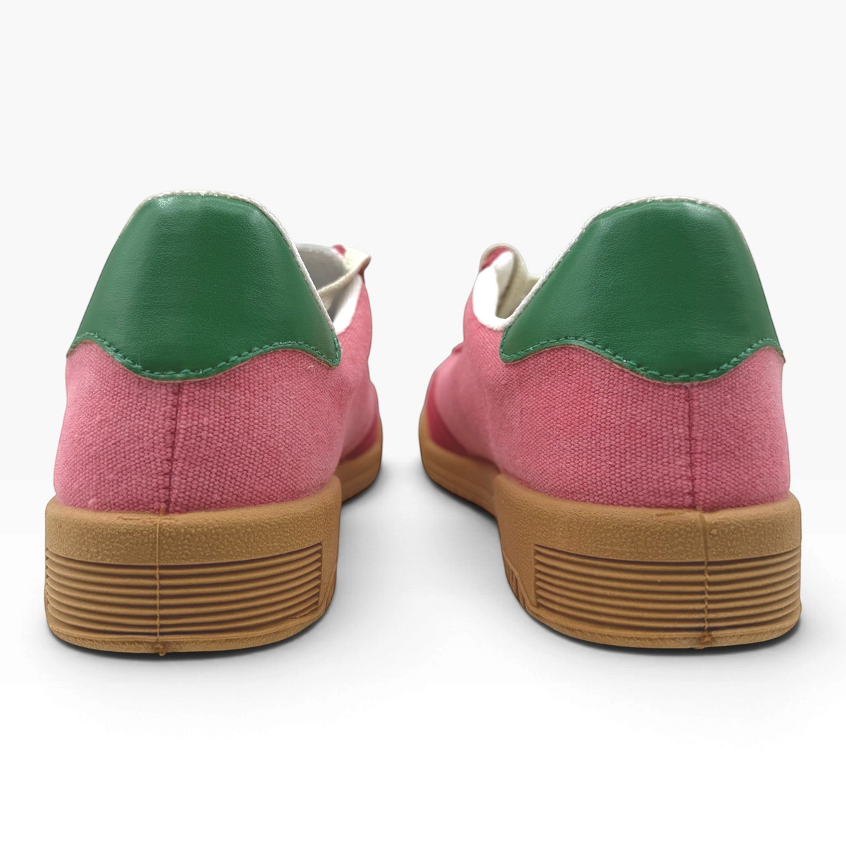 The Shoe Shop P35015 Pluma Flex coral canvas sneakers with green heel tabs and gum rubber soles, rear view.