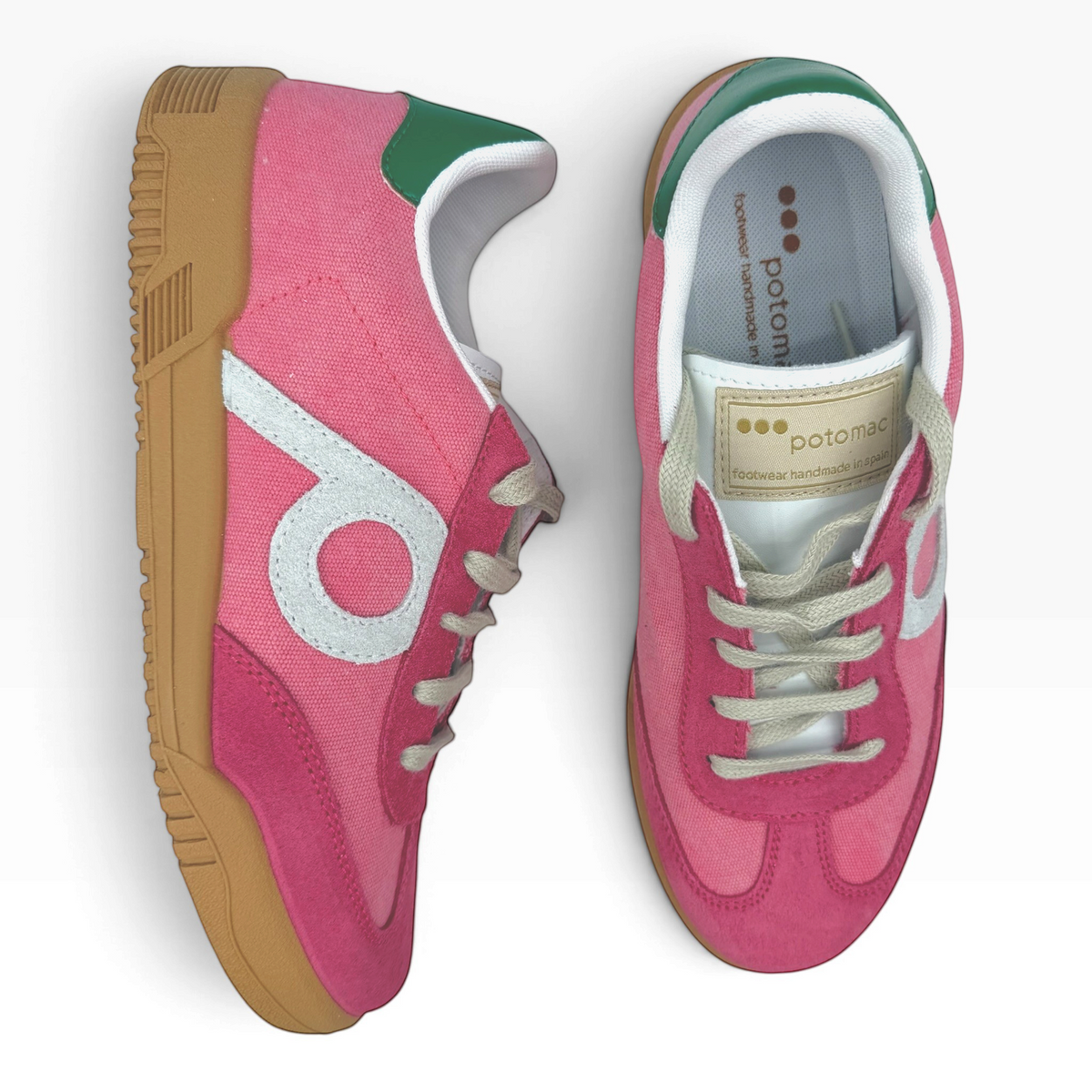 The Shoe Shop P35015 Pluma Flex coral canvas sneakers with green heel tab, suede overlays, and gum rubber sole.