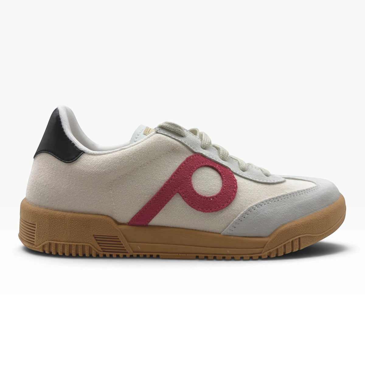 The Shoe Shop P35015 Pluma Flex sneaker in natural canvas with coral logo, grey suede accents, and gum rubber sole.