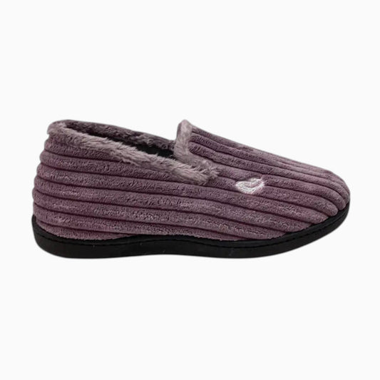 The Shoe Shop Plumaflex 12024 slipper in mauve velour with a quilted ribbed texture and soft faux fur lining.