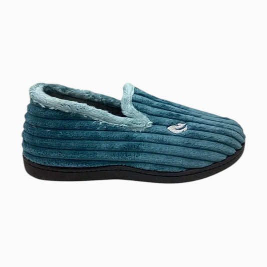 The Shoe Shop Plumaflex 12024 teal ribbed velour slipper with faux fur lining and non-slip rubber sole