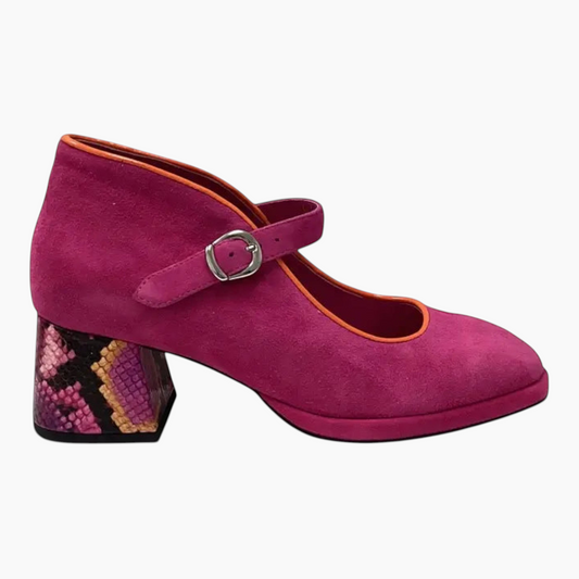The Shoe Shop Podium Mary Jane heel in fuchsia suede with a snakeskin print block heel and orange trim.