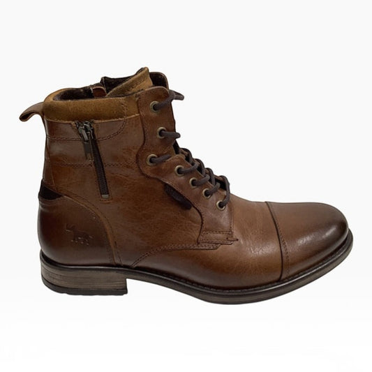 The Shoe Shop Porter brown leather ankle boot with cap-toe, lace-up front, side zip, and suede-trimmed collar.