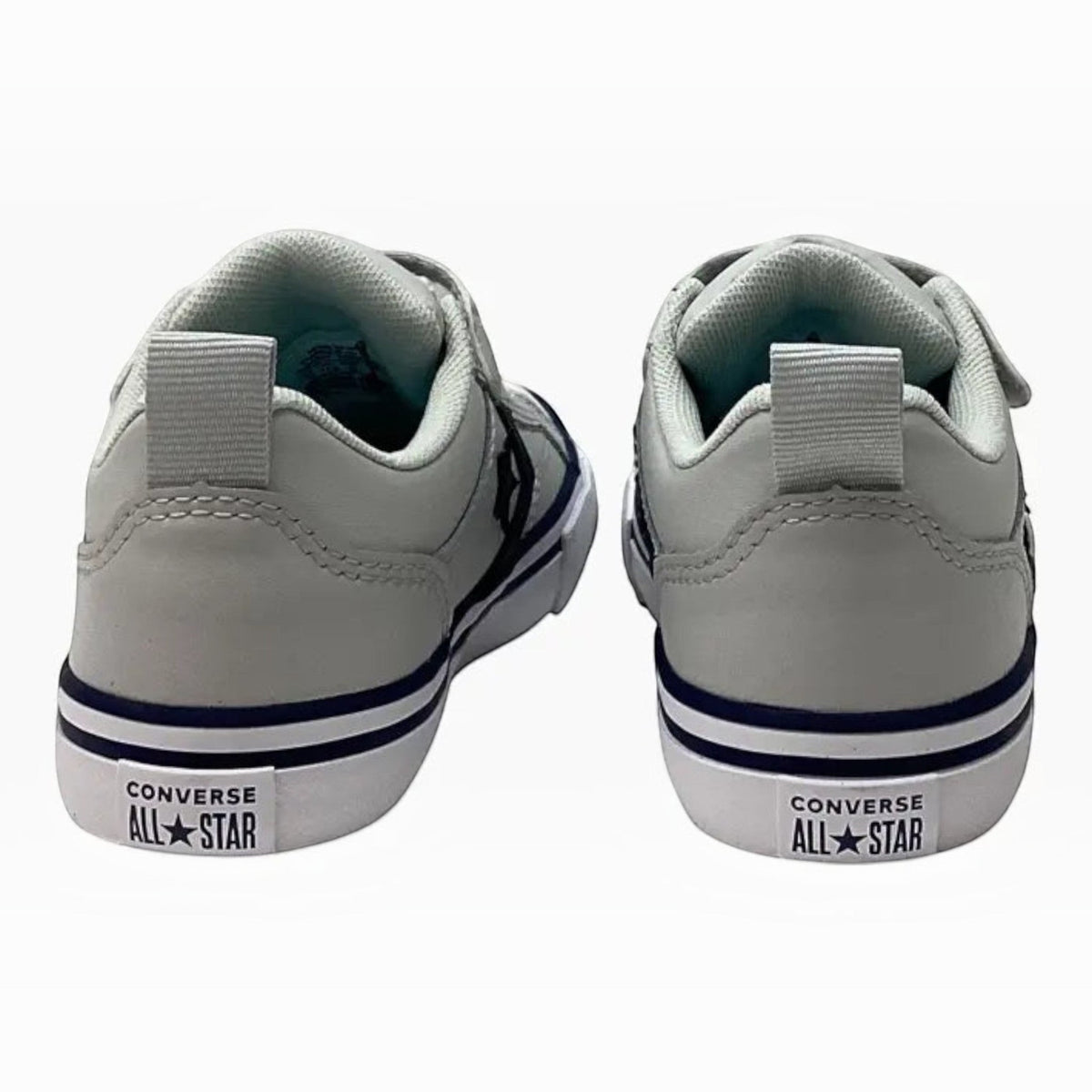 The Shoe Shop Pro Blaze Strap sneakers in grey leather with white soles and black stripe detail, rear view