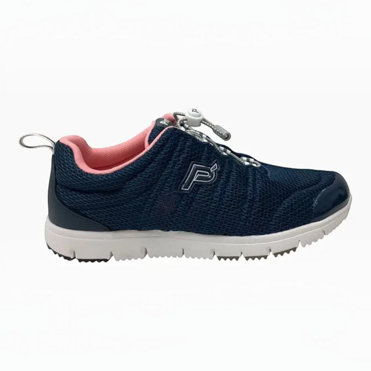 The Shoe Shop Propet Travel Walker II navy blue mesh walking shoe with pink lining and bungee toggle closure