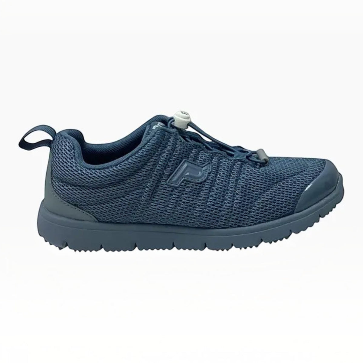 The Shoe Shop Propet Travel Walker navy blue breathable mesh walking shoe with bungee toggle closure and rubber sole.