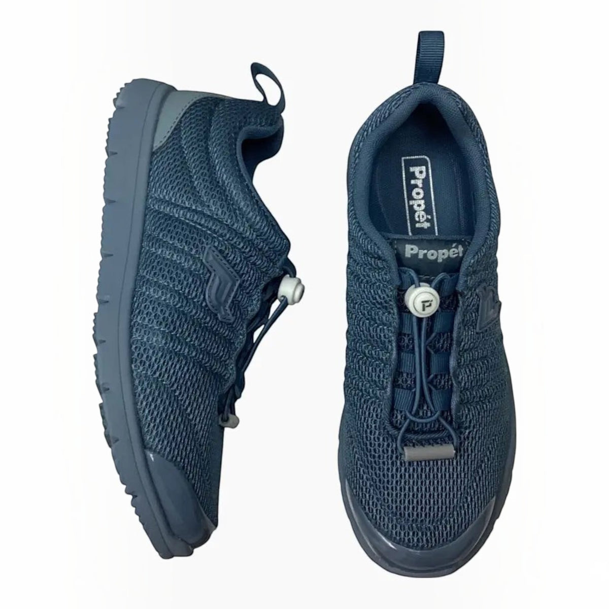 The Shoe Shop Propet Travel Walker II navy blue breathable mesh walking shoes with bungee toggle closure.
