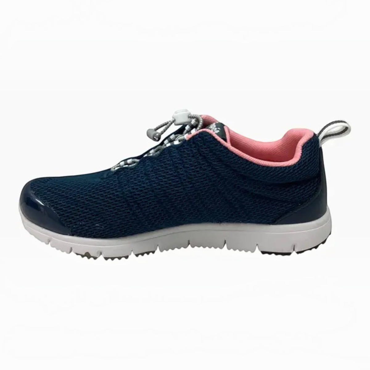The Shoe Shop Propet Travel Walker navy blue mesh walking shoe with pink lining and bungee toggle closure