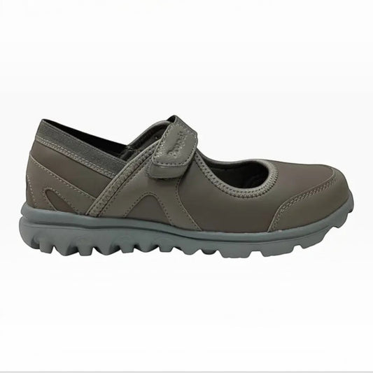 The Shoe Shop Propet Onalee orthotic-friendly grey Mary Jane shoe with a velcro strap and cushioned lug sole.