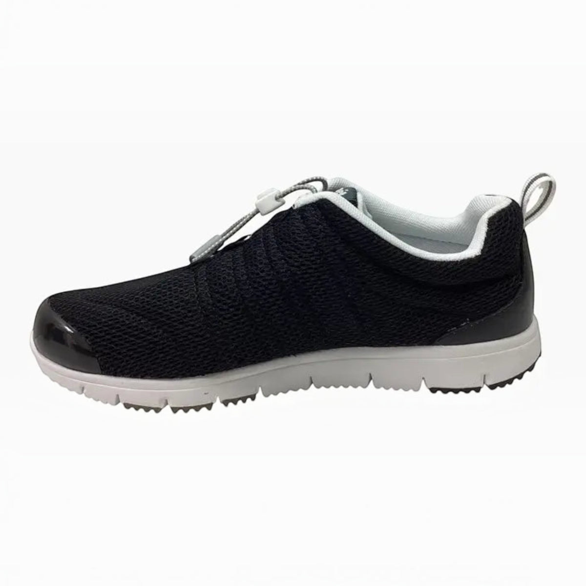 The Shoe Shop Propet Travel Walker II black breathable mesh walking shoe with bungee toggle closure and white sole