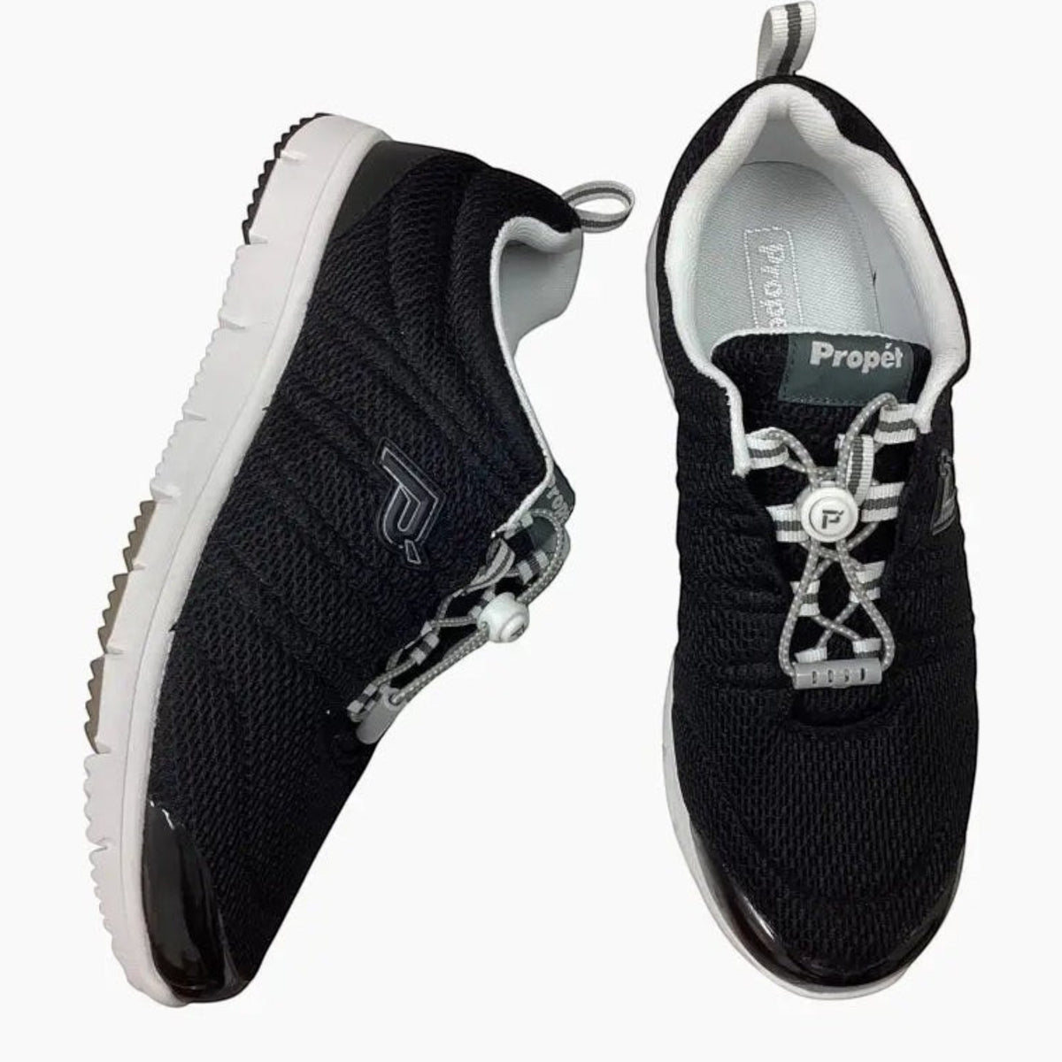 The Shoe Shop Propet Travel Walker II black breathable mesh walking shoes with bungee toggle closure and white sole