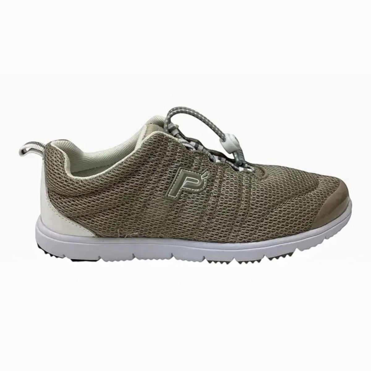 The Shoe Shop Propet Travel Walker shoe in taupe mesh with bungee toggle closure and white cushioned rubber sole.
