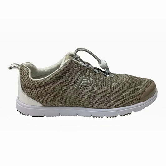 The Shoe Shop Propet Travel Walker shoe in taupe mesh with bungee toggle closure and white cushioned rubber sole.